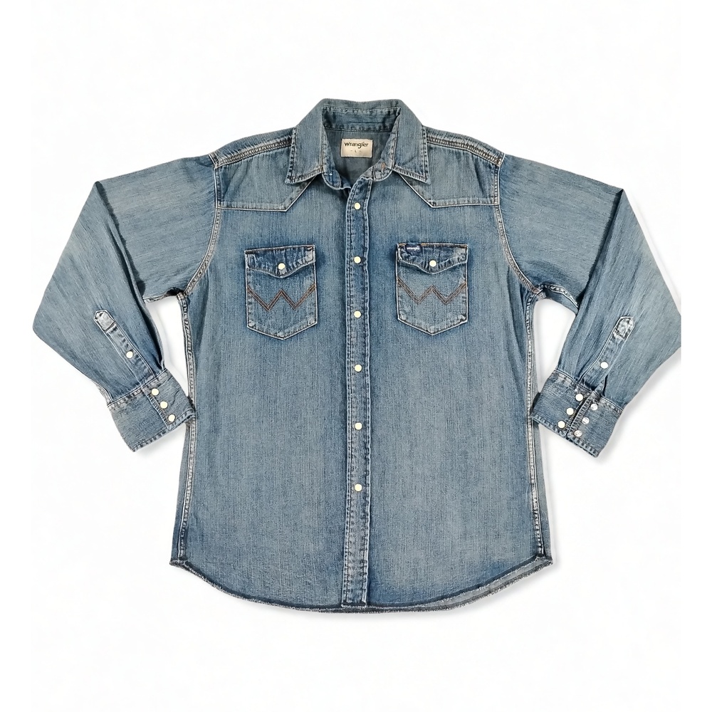 Wrangler Cowboy Cut Western Denim Shirt L Pearl Snap Workwear Minimalist